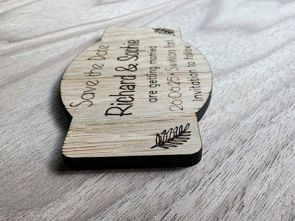 Personalised Wooden Save the Date Magnet – Custom Oak Wedding Announcement
