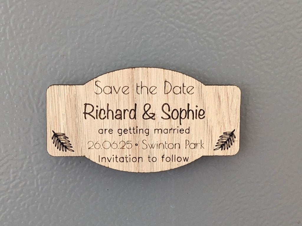 Personalised Wooden Save the Date Magnet – Custom Oak Wedding Announcement