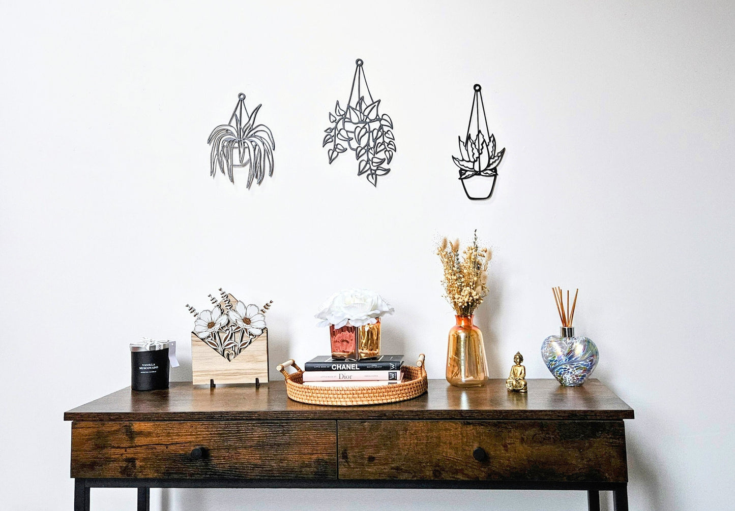 Wooden Plant Wall Art Set of 3 – Unique and Stylish Home Decor, Customizable Sizes & Color