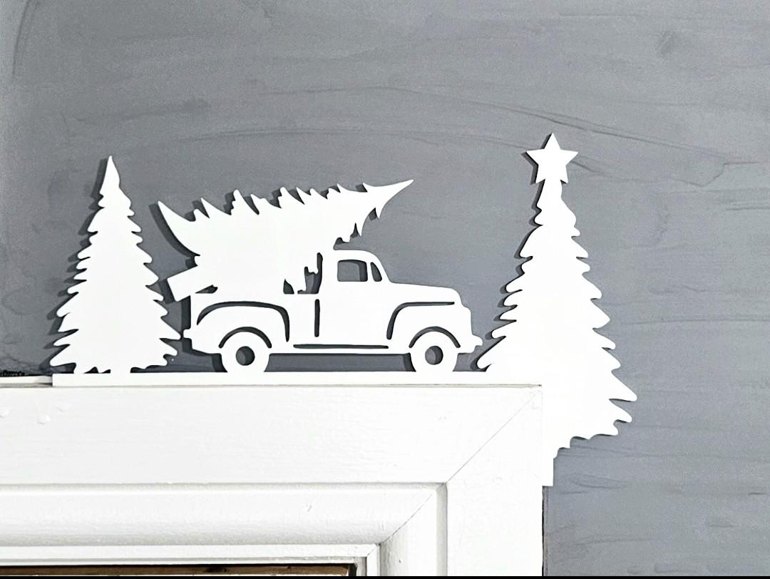 Truck in Trees Christmas Door Corner Decoration – Black or White Acrylic Holiday Ornament