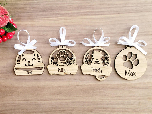 Personalised Wooden Cat Christmas Decoration – Hanging Oak Veneer Bauble, Pet Memorial Ornament, Gift for Cat Lovers