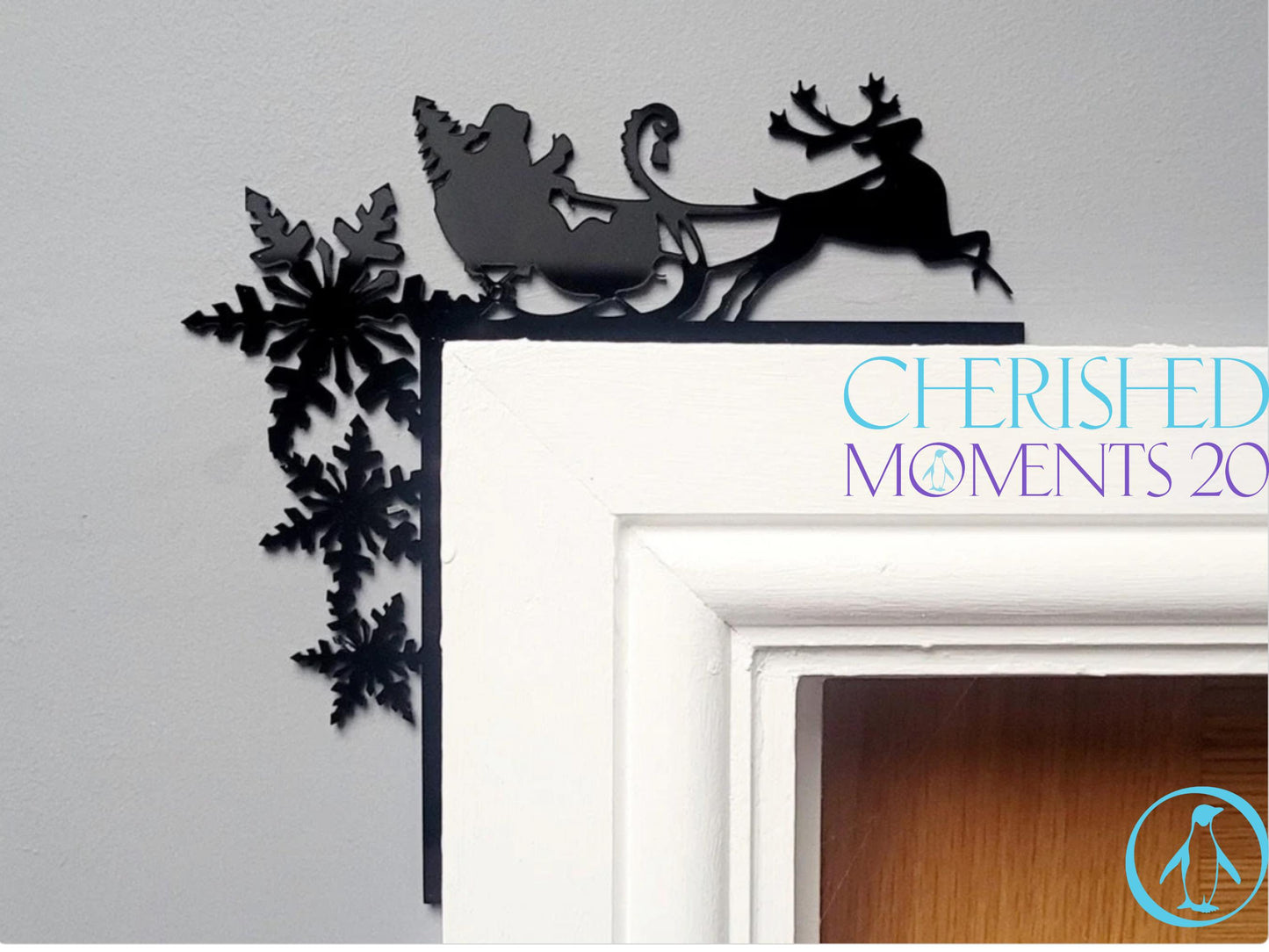 Santa Sleigh with Reindeer Door Corner Decoration – Black Acrylic Christmas Ornament