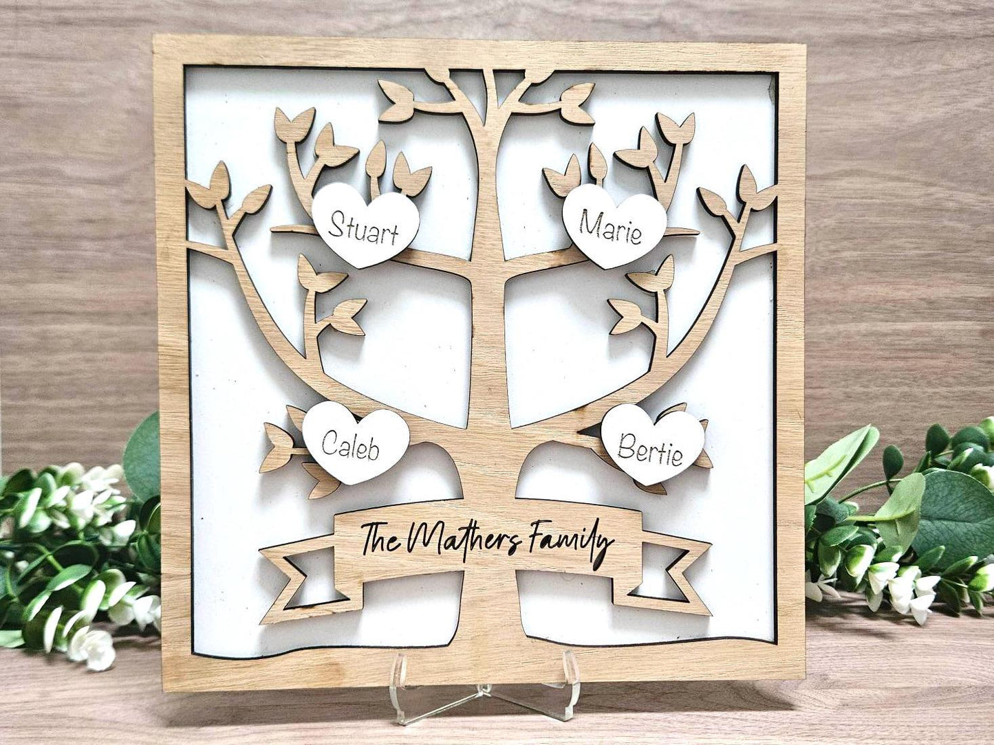 Engraved Family Tree Keepsake – Handmade Wooden Art, Unique Home Decor, Gift for Her