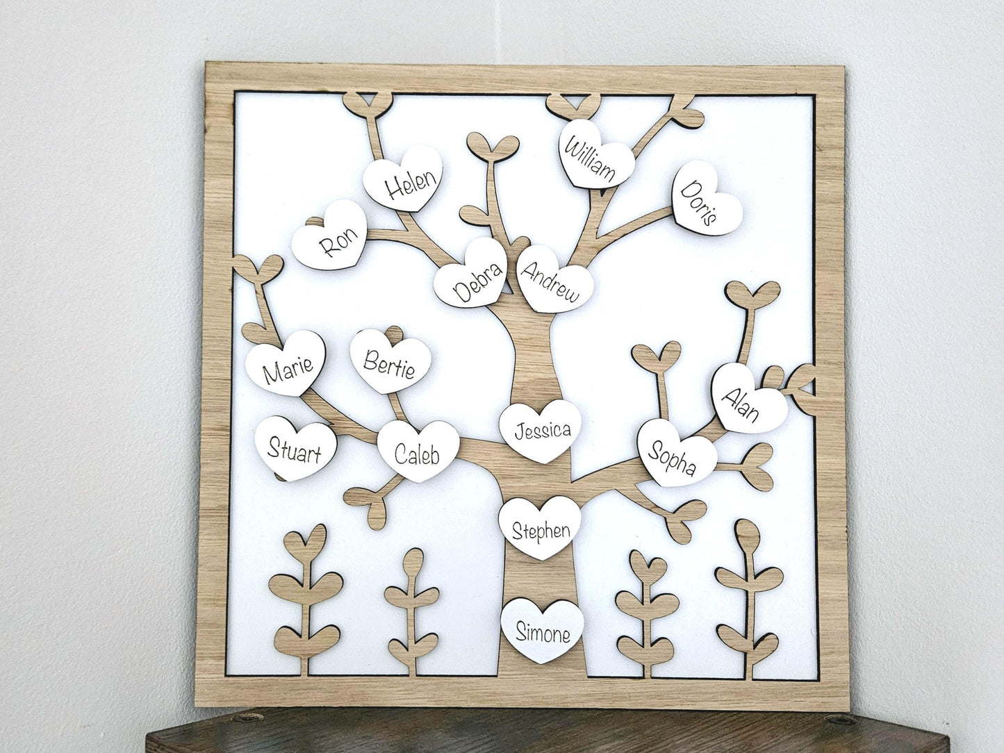 Personalised Wooden Family Tree Plaque – Custom Family Keepsake with Stand, Heart Tokens, Unique Gift