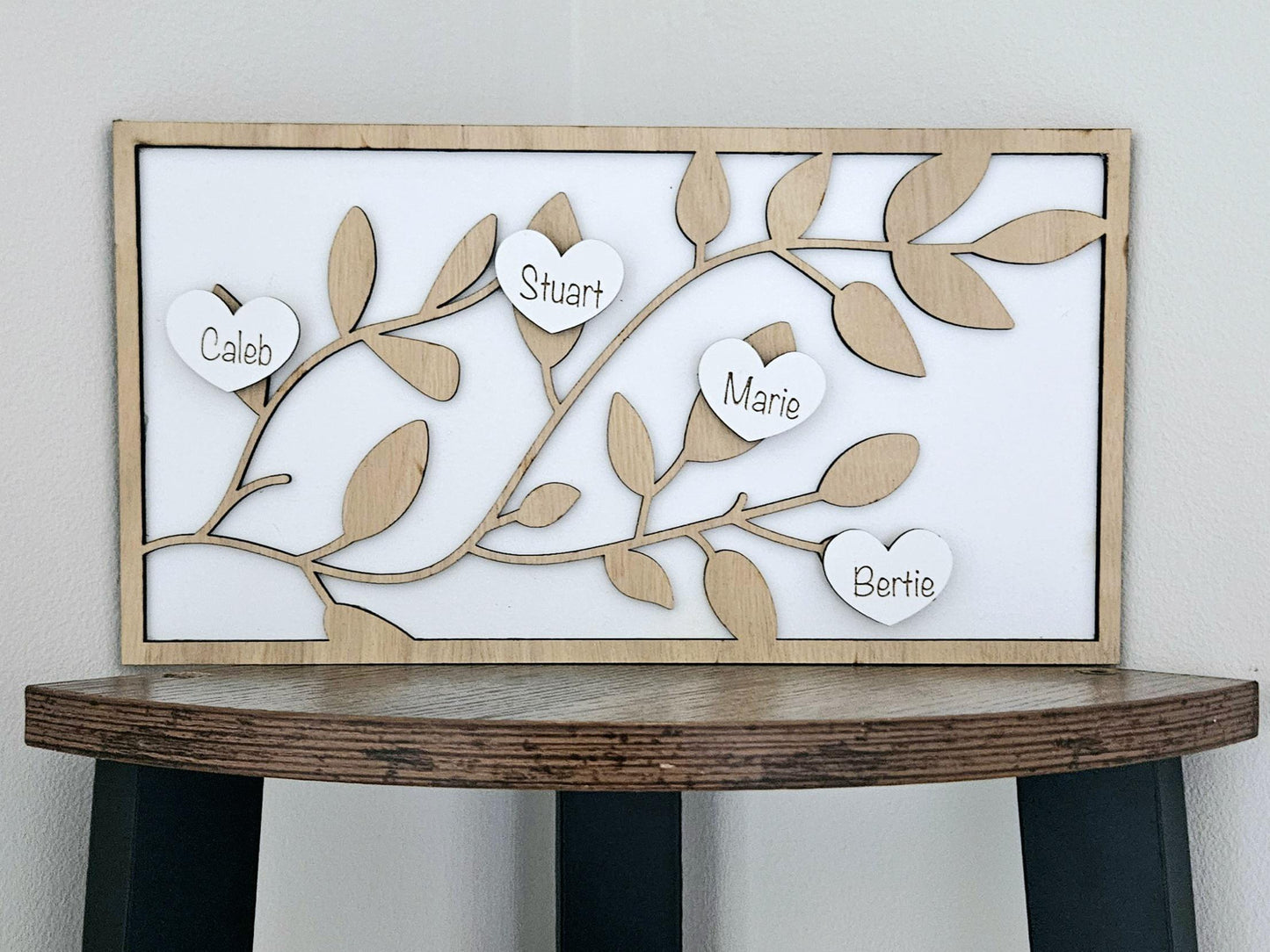 Personalised Wooden Family Tree Plaque – Custom Family Keepsake with Stand, Heart Tokens, Unique Gift