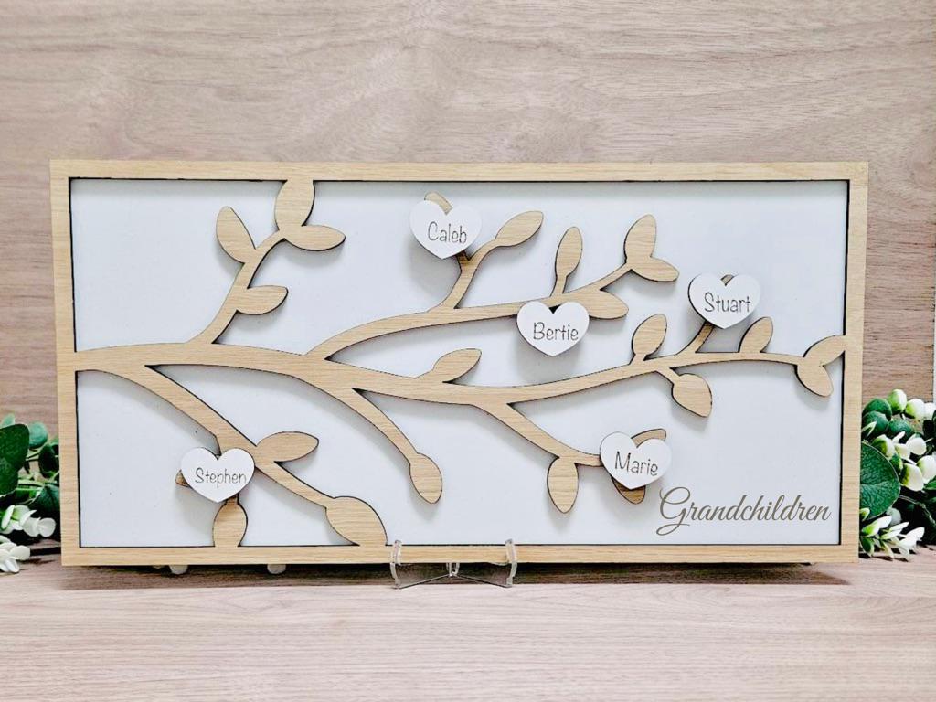 Engraved Family Tree Keepsake – Handmade Wooden Art, Unique Home Decor, Gift for Her