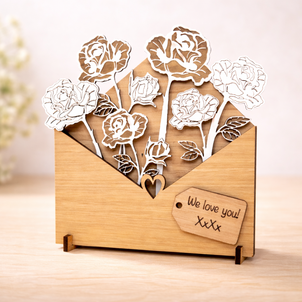 Personalised wooden rose flower box with engraved gift tag, freestanding oak and white layered forever rose keepsake gift.
