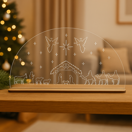 Clear acrylic Nativity Scene candle holder with engraved design, slotted into wooden base, Christmas ornament decoration

