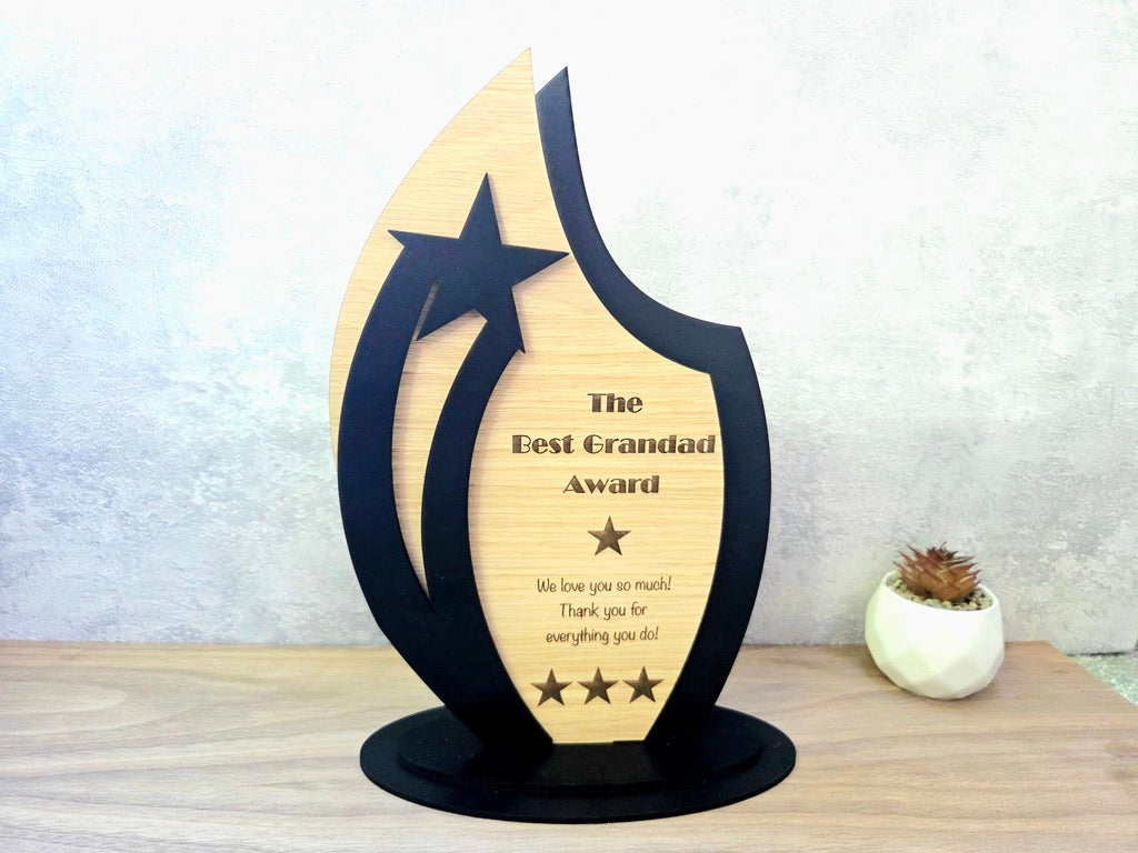 Personalised Wooden Trophy Award – Custom Engraved Star Plaque for Gift, School, Business, Sports, Employee or Graduation Gift