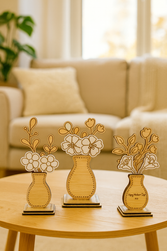 Three decorative wooden vases on a table with a blurred living room background
