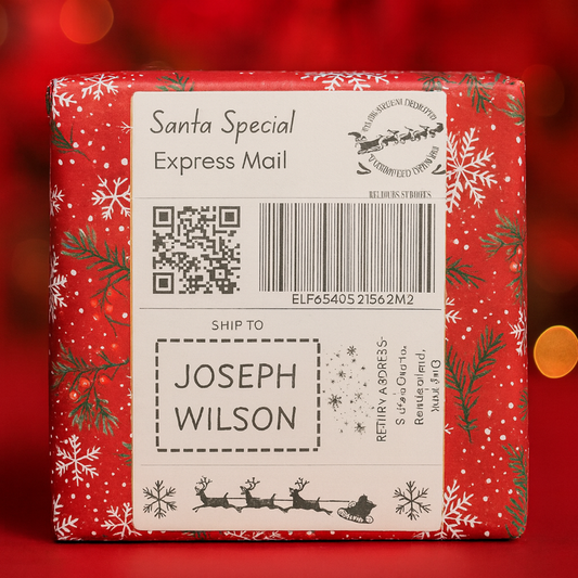 	3.	Santa Express Label on Gift – “Santa Express Mail label sticker on Christmas parcel, red gift paper, and golden festive lights.”
