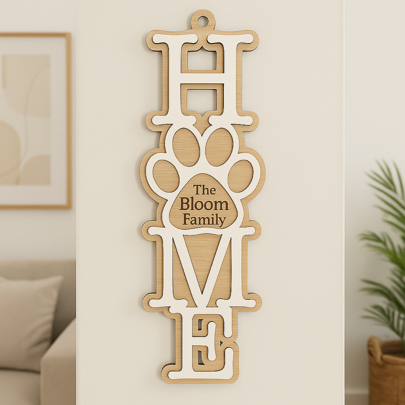 Wooden decorative wall art with 'The Bloom Family' engraving on a neutral background