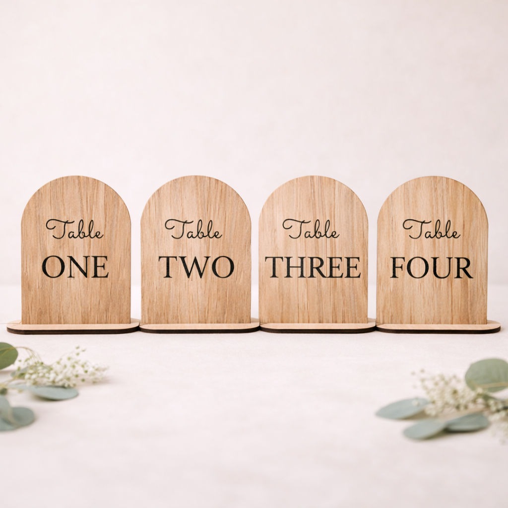 Customisable Wooden Table Signs – Oak Veneer Wedding Table Numbers or Names