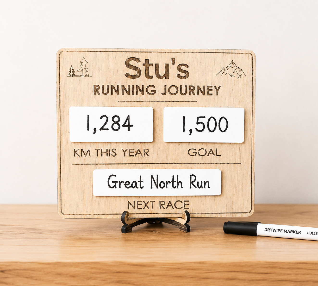     Oak veneer running motivation board with reusable dry wipe panels