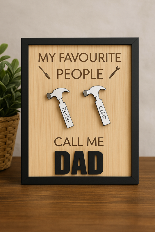 Personalised Wooden Plaque with Engraved Mini Hammers – Custom Gift for Him, Dad, Grandad, Papa & More