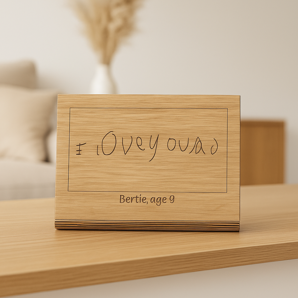 Engraved oak plaque displaying a child’s drawing with custom name and wooden stand