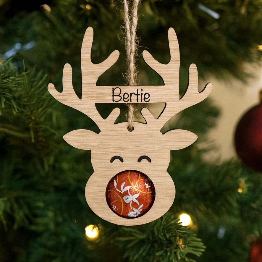 Personalised Reindeer Chocolate Holder Bauble - Wooden Hanging Decoration