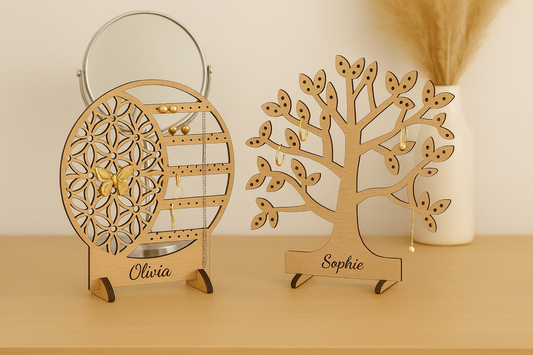 Floral oak jewellery stand with earring slots and necklace hooks