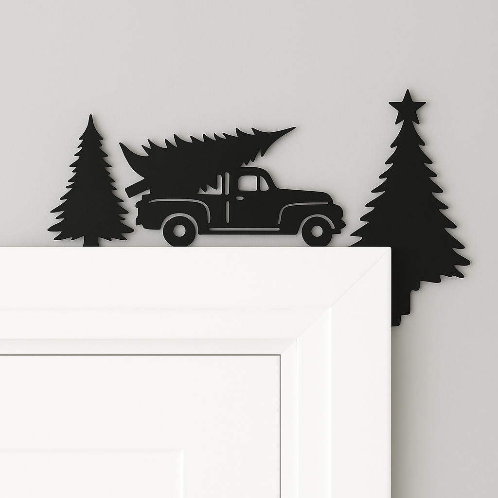 Truck in Trees Christmas Door Corner Decoration – Black or White Acrylic Holiday Ornament