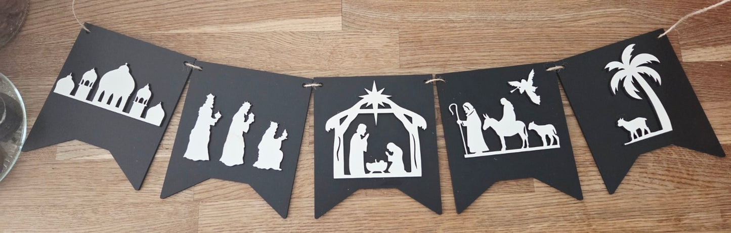 Wooden Nativity Scene Bunting, Christian Christmas Decoration