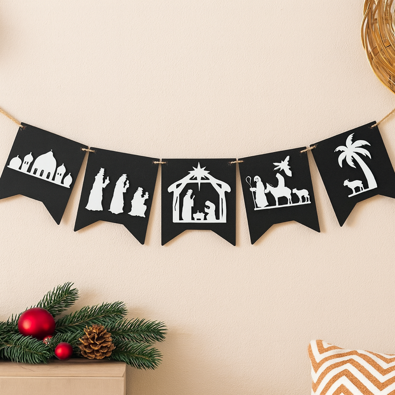 Wooden Nativity Scene Bunting, Christian Christmas Decoration