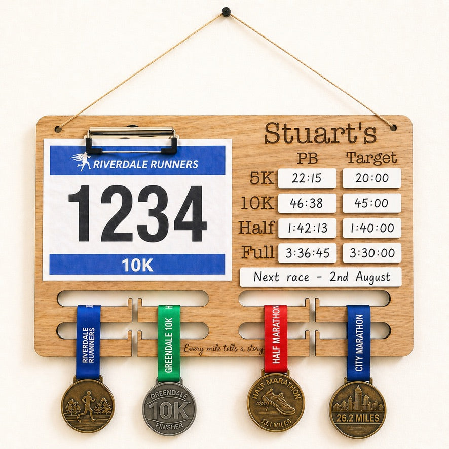 Personalised Running Medal Holder, PB Board & Race Bib Display, Custom Runner Gift, Marathon Medal Hanger