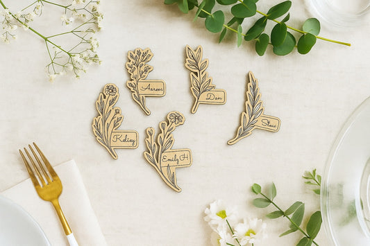 Personalised Wooden Floral Magnet – Custom Engraved Name Place & Wedding Favour