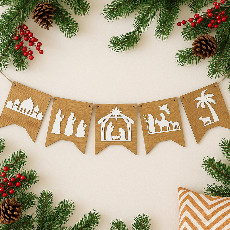 Wooden Nativity Scene Bunting, Christian Christmas Decoration