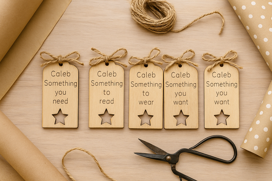 Personalised Five Gift Rule Tags – Reusable Oak Veneer Christmas Gift Labels with Twine