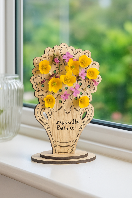 Personalised wooden flower holder on rustic table”