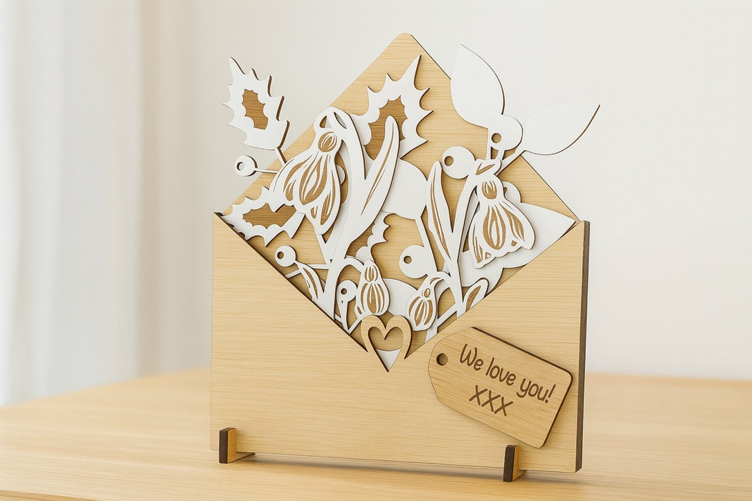 “Personalised wooden holly flower box with laser-cut holly leaves and berries, rustic Christmas décor piece”
