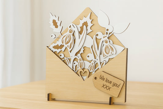 “Personalised wooden holly flower box with laser-cut holly leaves and berries, rustic Christmas décor piece”
