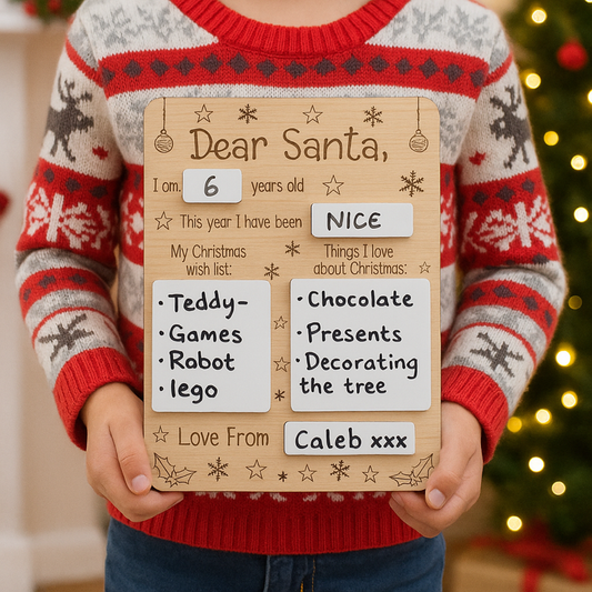 	Child holding reusable Dear Santa Letter Board made from oak veneer and acrylic
	•	Personalised Christmas wish list board with dry wipe pen
	•	Wooden Dear Santa sign 22cm x 18cm, festive kids Christmas activity