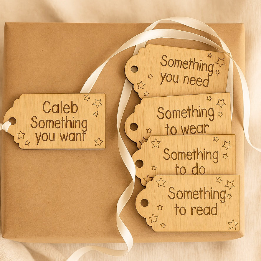 	1.	Personalised wooden five gift rule Christmas tags set of 5
