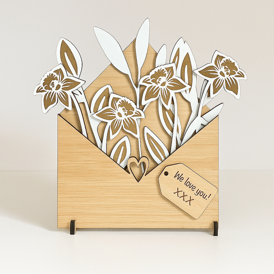 Personalised Wooden Daffodil Bouquet Envelope – Thoughtful Gift for Mum or Nan