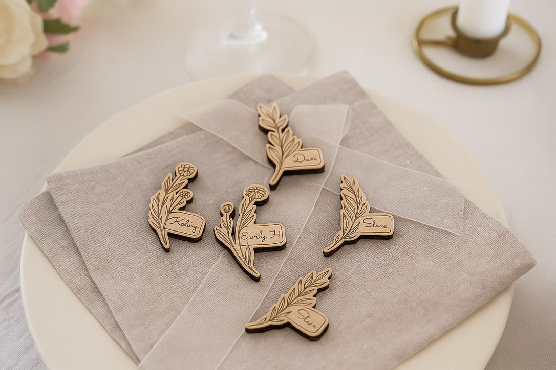 Personalised Wooden Floral Magnet – Custom Engraved Name Place & Wedding Favour