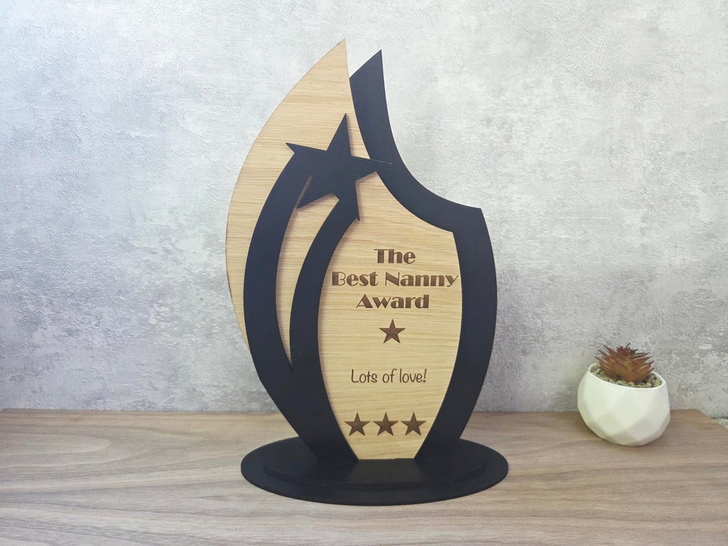 Personalised Wooden Trophy Award – Custom Engraved Star Plaque for Gift, School, Business, Sports, Employee or Graduation Gift