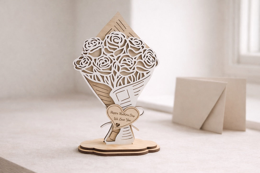 Personalised Wooden Flower Bouquet Gift for Mum – Engraved Mother’s Day Keepsake