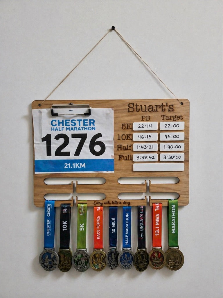     Personalised runner gift with medal rails and bib clip