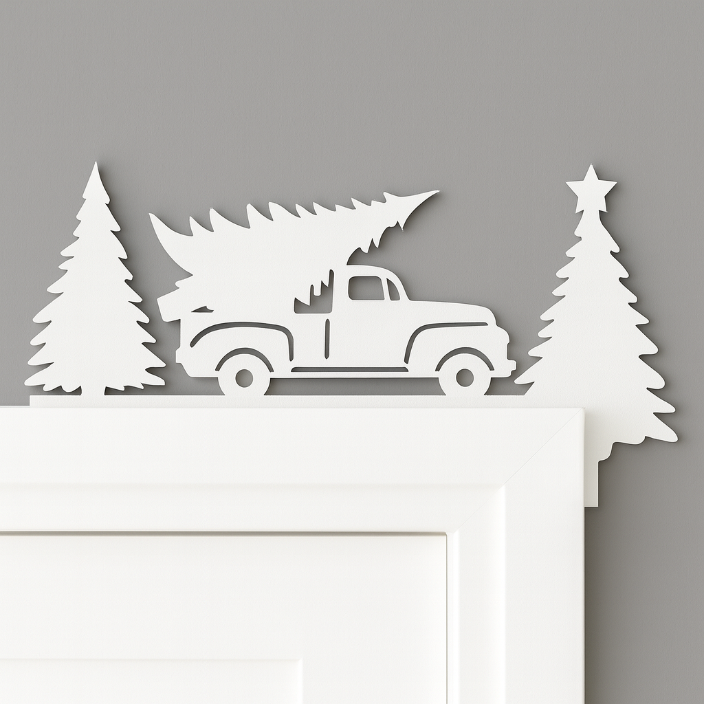 Decorative wall art with a white truck carrying Christmas trees on a gray background