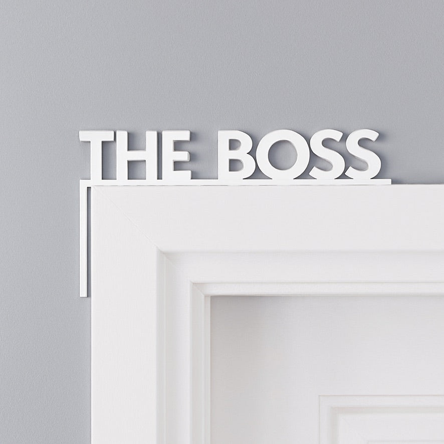 Custom white MDF door trim decoration with engraved name for office door