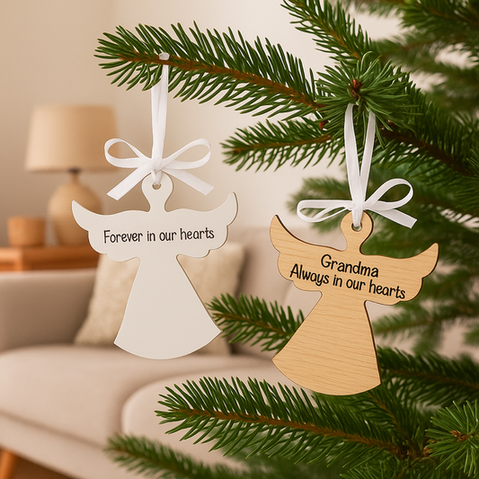 Personalised Wooden Angel Christmas Decoration – Hanging Oak Veneer or White MDF Ornament, Custom Message Memorial Bauble