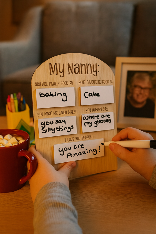 Handwritten notes on a wooden board with a mug and photo frame in the background.