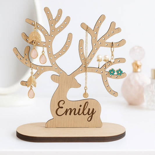 Personalised Wooden Jewellery Holder – Oak Earring Necklace Stand (3 Designs)
