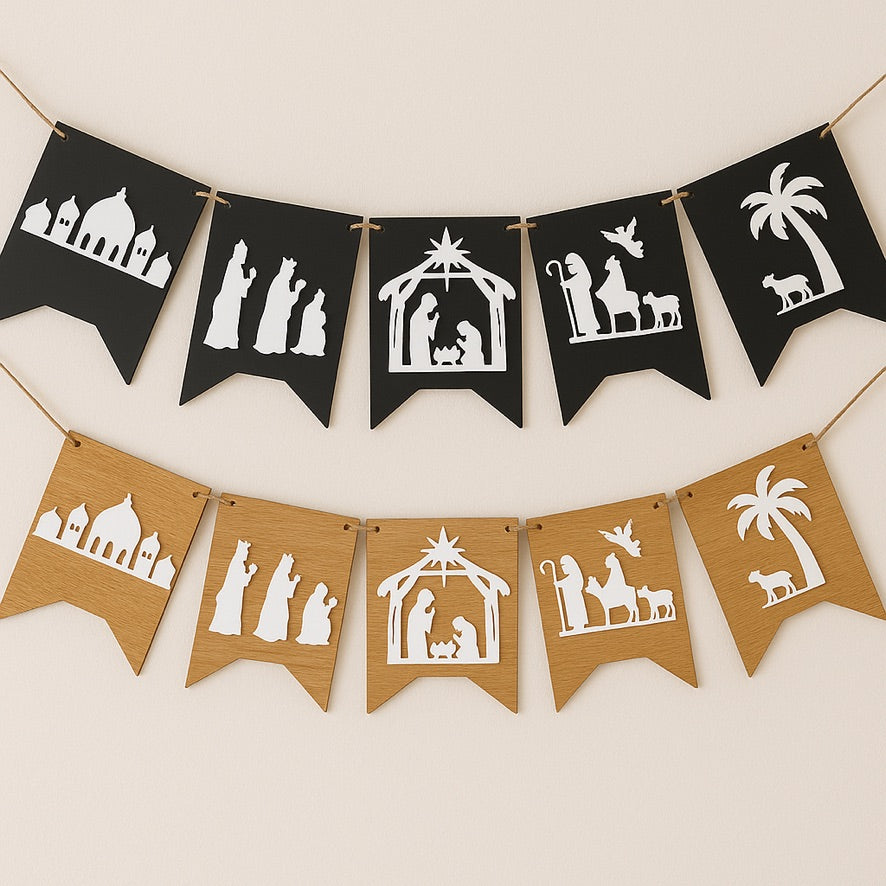 Decorative banner with Nativity scene design on black and brown flags against a beige background