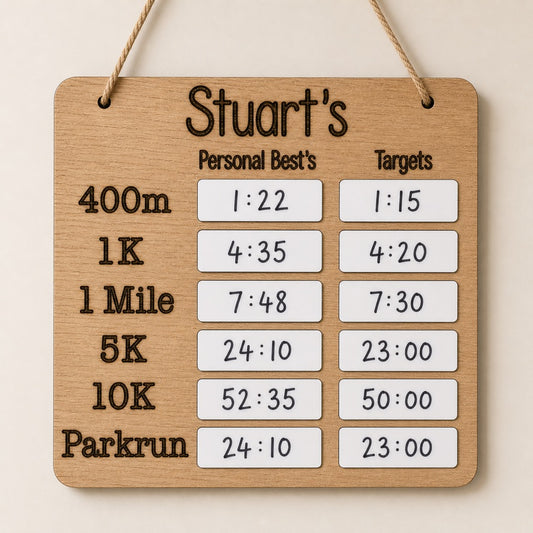     Oak veneer running motivation board hanging on neutral wall