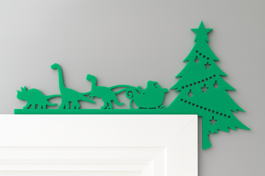 “T Rex dinosaur Christmas door corner decoration in acrylic – fun festive ornament”
