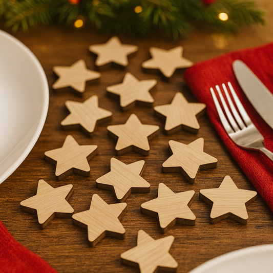 Wooden Star Table Confetti – Rustic Oak Christmas Table Scatter (2.5 cm, 25–200)