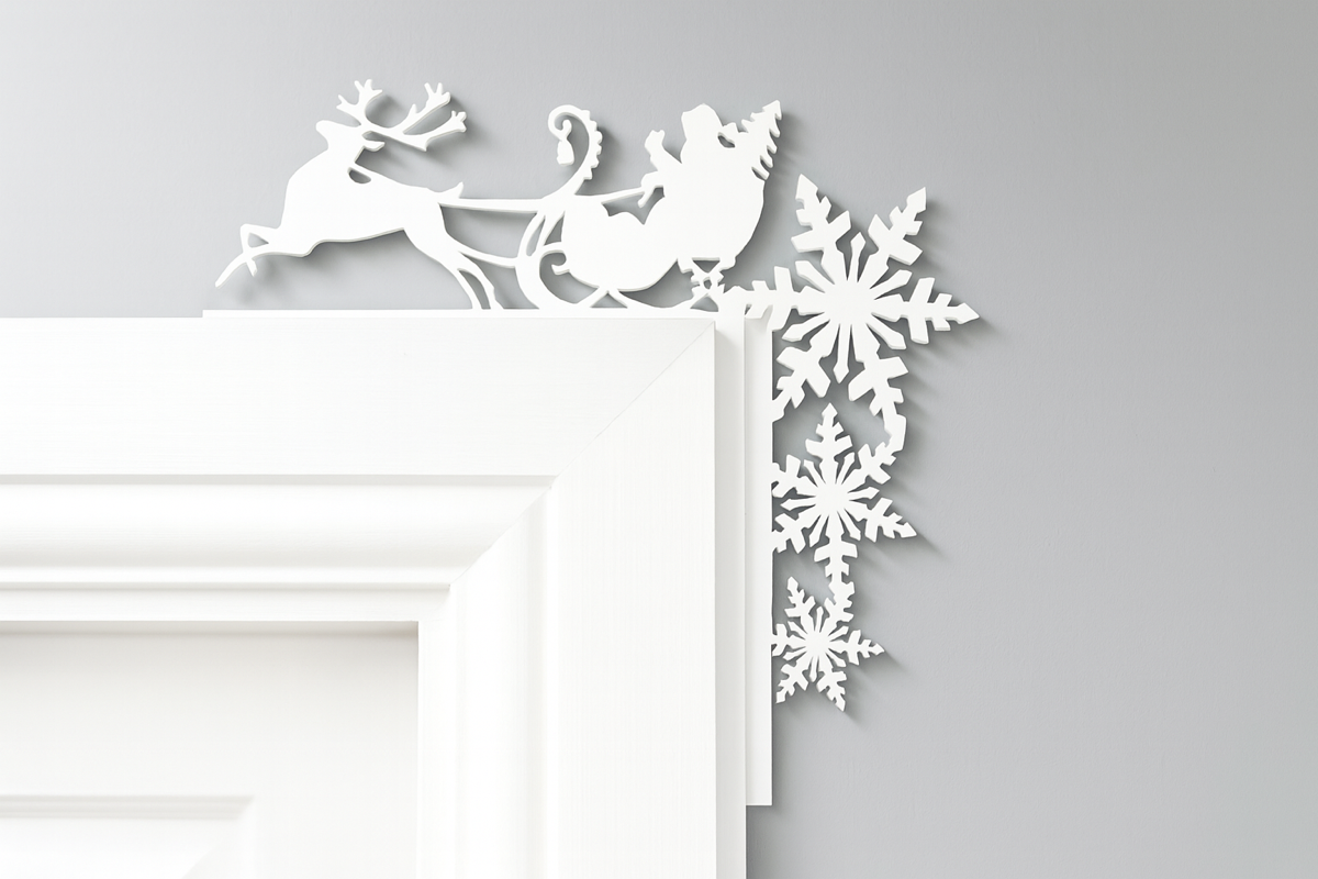 “White acrylic Santa sleigh with reindeer door corner decoration – festive Christmas ornament”
