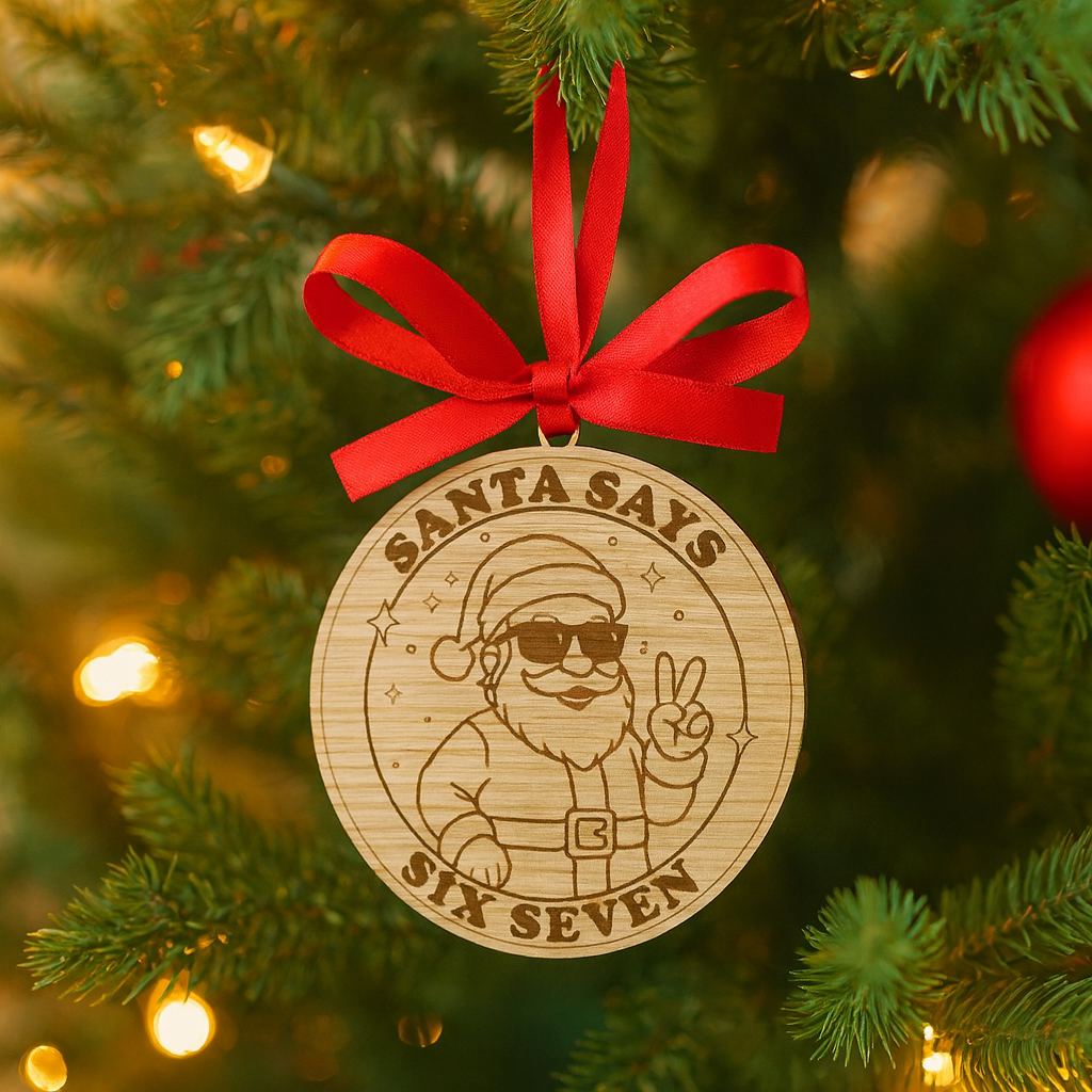 	Santa Says 6 7 wooden Christmas decoration with engraved design and red ribbon